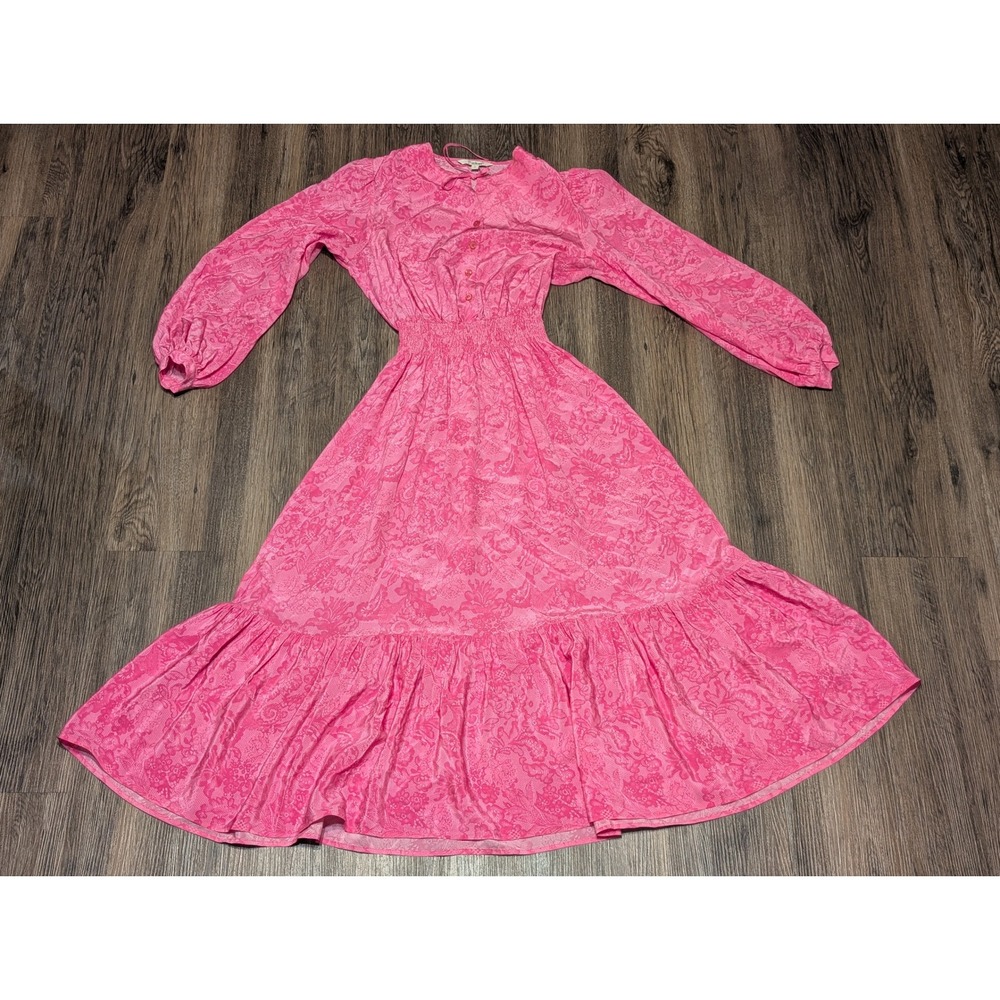 Tucker Pink Floral Print Long Sleeve Midi Dress Smocked Waist Size S
